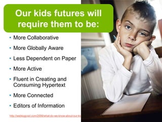 Our kids futures will
   require them to be:
• Networked
• More Collaborative
• More Globally Aware
• Less Dependent on Paper
• More Active
• Fluent in Creating and
  Consuming Hypertext
• More Connected
• Editors of Information
http://weblogg-ed.com/2008/what-do-we-know-about-our-kids-futures-really/
                                                                            15
 