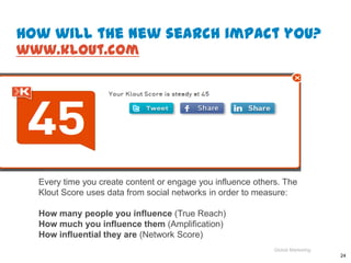 How will the new search impact you?
www.klout.com




  Every time you create content or engage you influence others. The
  Klout Score uses data from social networks in order to measure:

  How many people you influence (True Reach)
  How much you influence them (Amplification)
  How influential they are (Network Score)
                                                             Global Marketing
                                                                                24
 