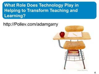 What role does technology play
What Role Does Technology Play in
Helping to Transform Teachingteaching
in helping to transform and
and learning?
Learning?
http://Pollev.com/adamgarry




                               Global Marketing
                                                  4
 