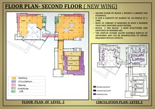 FLOOR PLAN- SECOND FLOOR ( NEW WING)
FLOOR PLAN OF LEVEL 2
VISITORS CIRCUATION
CURATOR CIRCULATION
EXHIBITION AREA
• SECOND FLOOR OF BLOCK 1 HOUSES A LIBRARY FOR
STUDENTS.
• IT HAS A CAPACITY OF ALMOST 50- 60 PEOPLE AT A
TIME.
• ROOF OF LIBRARY IS DESIGNED IN SUCH A MANNER
THAT ONLY DIFFUSED LIGHT ENTERS.
• BLOCK 2 AND BLOCK 3 HAVE SCULPTURES AND
PAINTINGS OF MODERN ART.
• THE DISPLAY FLOORS ALLOW FLEXIBLE DISPLAY OF
ARTWORKS AND CAN BE MANIPULATED TO OBTAIN
REQUIRED SPECIAL EFFECTS.
CIRCULATION PLAN- LEVEL 2
 