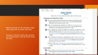 Results provide are of a broader scope
than using title or author searches
However, relevant results not covered
by keyword search may be found using
this tool
 