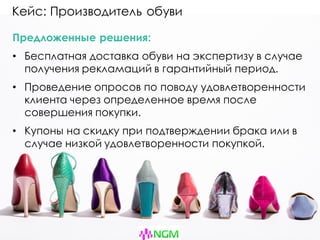 Кейс: Производитель обуви
Предложенные решения:
• Бесплатная доставка обуви на экспертизу в случае
получения рекламаций в гарантийный период.
• Проведение опросов по поводу удовлетворенности
клиента через определенное время после
совершения покупки.
• Купоны на скидку при подтверждении брака или в
случае низкой удовлетворенности покупкой.
 