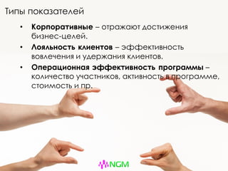 Типы показателей
• Корпоративные – отражают достижения
бизнес-целей.
• Лояльность клиентов – эффективность
вовлечения и удержания клиентов.
• Операционная эффективность программы –
количество участников, активность в программе,
стоимость и пр.
 