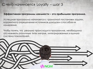 Эффективная программы лояльности – это прибыльная программа.
Успешная программа начинается с грамотной постановки задачи,
корректного определения источников доходов и способов их
измерения.
Чтобы понять, что реально происходит в программе, необходимо
отслеживать различные типы метрик, интегрированных в единую
систему показателей.
С чего начинается Loyalty – шаг 3
 