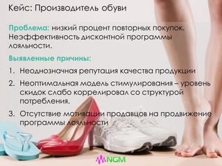 Кейс: Производитель обуви
Проблема: низкий процент повторных покупок.
Неэффективность дисконтной программы
лояльности.
Выявленные причины:
1. Неоднозначная репутация качества продукции
2. Неоптимальная модель стимулирования – уровень
скидок слабо коррелировал со структурой
потребления.
3. Отсутствие мотивации продавцов на продвижение
программы лояльности
 