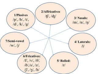 1/Plosives
/p/, /b/, /t/,
/d/, /k/, /g/
7/Semi-vowel
/w/, /j/
6/Fricatives:
/f/, /v/, /θ/,
/ð/,/s/, /z/,
/ʃ/, /ʒ/, /h/
5/ Rolled:
/r/
4/ Laterals:
/l/
2/Affricatives
/ʧ/, /ʤ/ 3/ Nasals:
/m/, /n/, /ŋ/
 