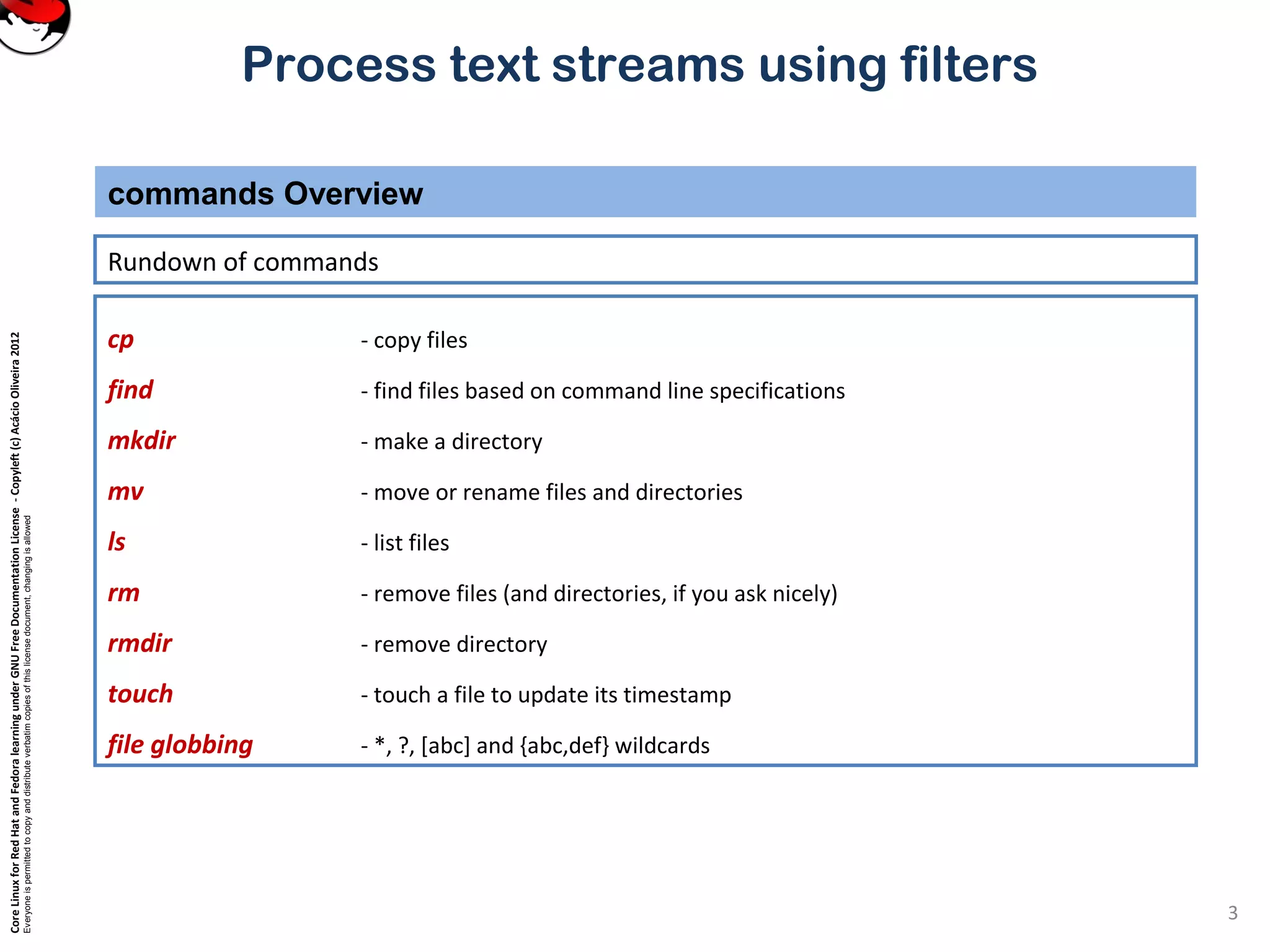CoreLinuxforRedHatandFedoralearningunderGNUFreeDocumentationLicense-Copyleft(c)AcácioOliveira2012
Everyoneispermittedtocopyanddistributeverbatimcopiesofthislicensedocument,changingisallowed
Process text streams using filters
Rundown of commands
commands Overview
3
cp - copy files
find - find files based on command line specifications
mkdir - make a directory
mv - move or rename files and directories
ls - list files
rm - remove files (and directories, if you ask nicely)
rmdir - remove directory
touch - touch a file to update its timestamp
file globbing - *, ?, [abc] and {abc,def} wildcards
 