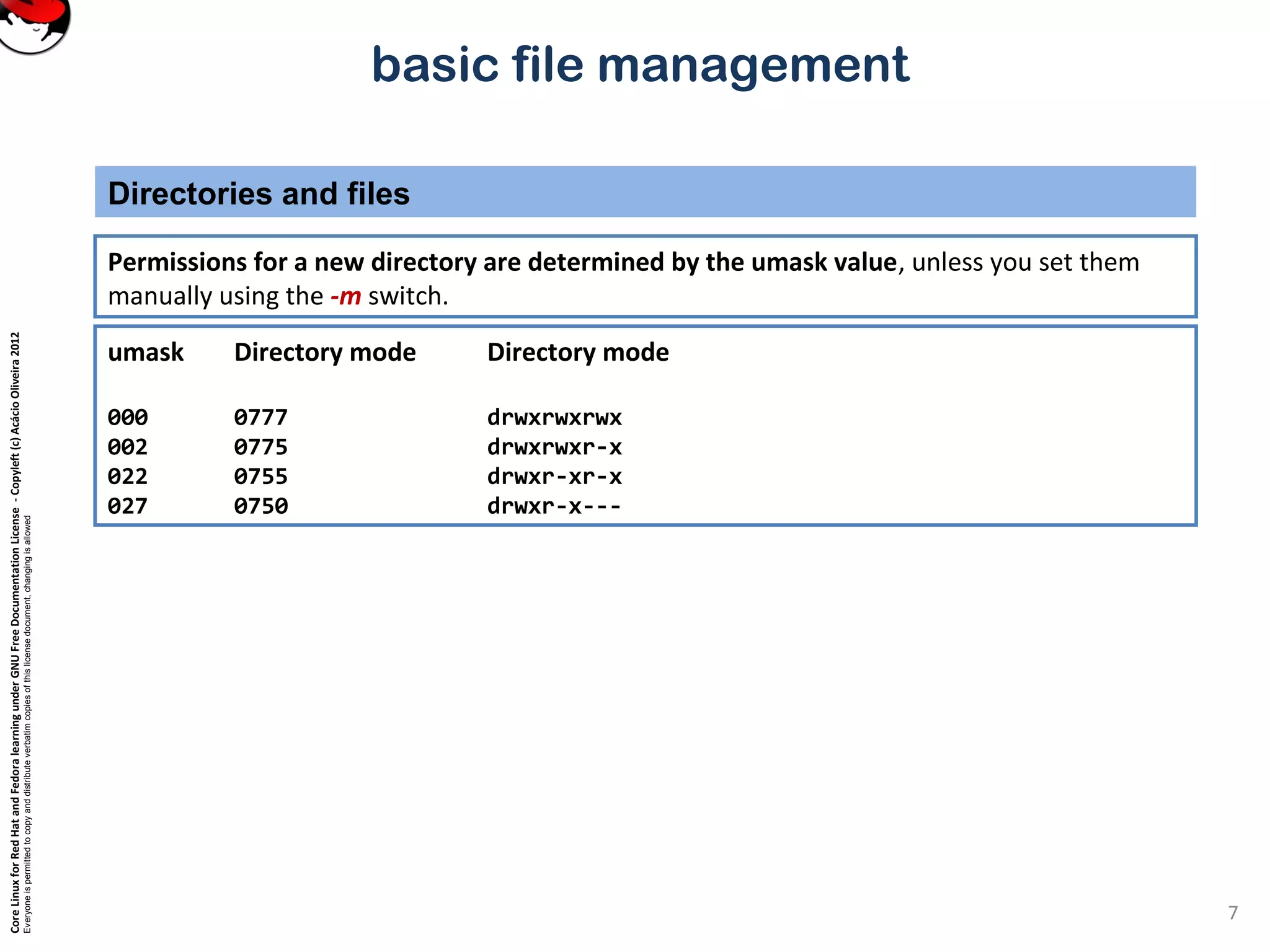 CoreLinuxforRedHatandFedoralearningunderGNUFreeDocumentationLicense-Copyleft(c)AcácioOliveira2012
Everyoneispermittedtocopyanddistributeverbatimcopiesofthislicensedocument,changingisallowed
basic file management
Permissions for a new directory are determined by the umask value, unless you set them
manually using the -m switch.
Directories and files
7
umask Directory mode Directory mode
000 0777 drwxrwxrwx
002 0775 drwxrwxr-x
022 0755 drwxr-xr-x
027 0750 drwxr-x---
 