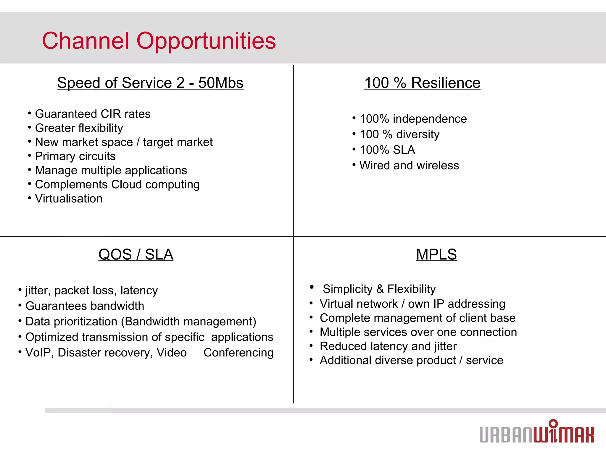 Channel Opportunities Guaranteed CIR rates Greater flexibility New market space / target market Primary circuits Manage multiple applications Complements Cloud computing Virtualisation 100% independence 100 % diversity 100% SLA Wired and wireless  jitter, packet loss, latency Guarantees bandwidth Data prioritization (Bandwidth management) Optimized transmission of specific  applications VoIP, Disaster recovery, Video  Conferencing Simplicity & Flexibility Virtual network / own IP addressing Complete management of client base Multiple services over one connection Reduced latency and jitter Additional diverse product / service Speed of Service 2 - 50Mbs 100 % Resilience QOS / SLA MPLS 