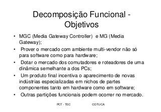 PCT - TEC COTUCA
Decomposição Funcional -
Objetivos
• MGC (Media Gateway Controller) e MG (Media
Gateway);
• Prover o mercado com ambiente multi-vendor não só
para software como para hardware;
• Dotar o mercado dos comutadores e roteadores de uma
dinâmica semelhante a dos PCs;
• Um produto final incentiva o aparecimento de novas
indústrias especializadas em nichos de partes
componentes tanto em hardware como em software;
• Outras partições funcionais podem ocorrer no mercado.
 