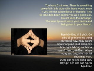 You have 6 minutes. There is something
  powerful in this story with these words, even
   if you are not superstitious or doubtful. This
tip lotus has been sent to you as a good luck.
                     Do not keep the message.
       The lotus tip must leave your hands and
                     being sent to your friends’.


                   Bạn hãy lắng đi 6 phút. Có
                    điều gì đó mạnh mẽ trong
                   truyện kể này, ngay cả khi
                bạn không mê tín dị đoan hay
                  hoài nghi. Những cánh hoa
                sen sẽ được gửi đến cho bạn
                   ngay sau đây, như một lời
                               chúc may mắn.
                  Đừng giữ nó cho riêng bạn.
                  Hãy gửi đến cho các người
                                    bạn khác
 