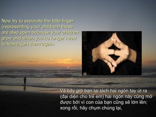 Now try to separate the little finger
(representing your children) these
are also open because your children
grow and when you no longer need
to leave, join them again.




                            Và bây giờ bạn lại tách hai ngón tay út ra
                            (đại diện cho trẻ em) hai ngón này cũng mở
                            được bởi vì con của bạn cũng sẽ lớn lên;
                            xong rồi, hãy chụm chúng lại,
 