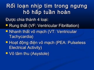 Rối loạn nhịp tim trong ngưngRối loạn nhịp tim trong ngưng
hô hấp tuần hoànhô hấp tuần hoàn
Được chia thành 4 loại:Được chia thành 4 loại:
 Rung thất (VF: Ventricular Fibrillation)Rung thất (VF: Ventricular Fibrillation)
 Nhanh thất vô mạch (VT: VentricularNhanh thất vô mạch (VT: Ventricular
Tachycardia)Tachycardia)
 Hoạt động điện vô mạch (PEA: PulselessHoạt động điện vô mạch (PEA: Pulseless
Electrical Activity)Electrical Activity)
 Vô tâm thu (Asystole)Vô tâm thu (Asystole)
 