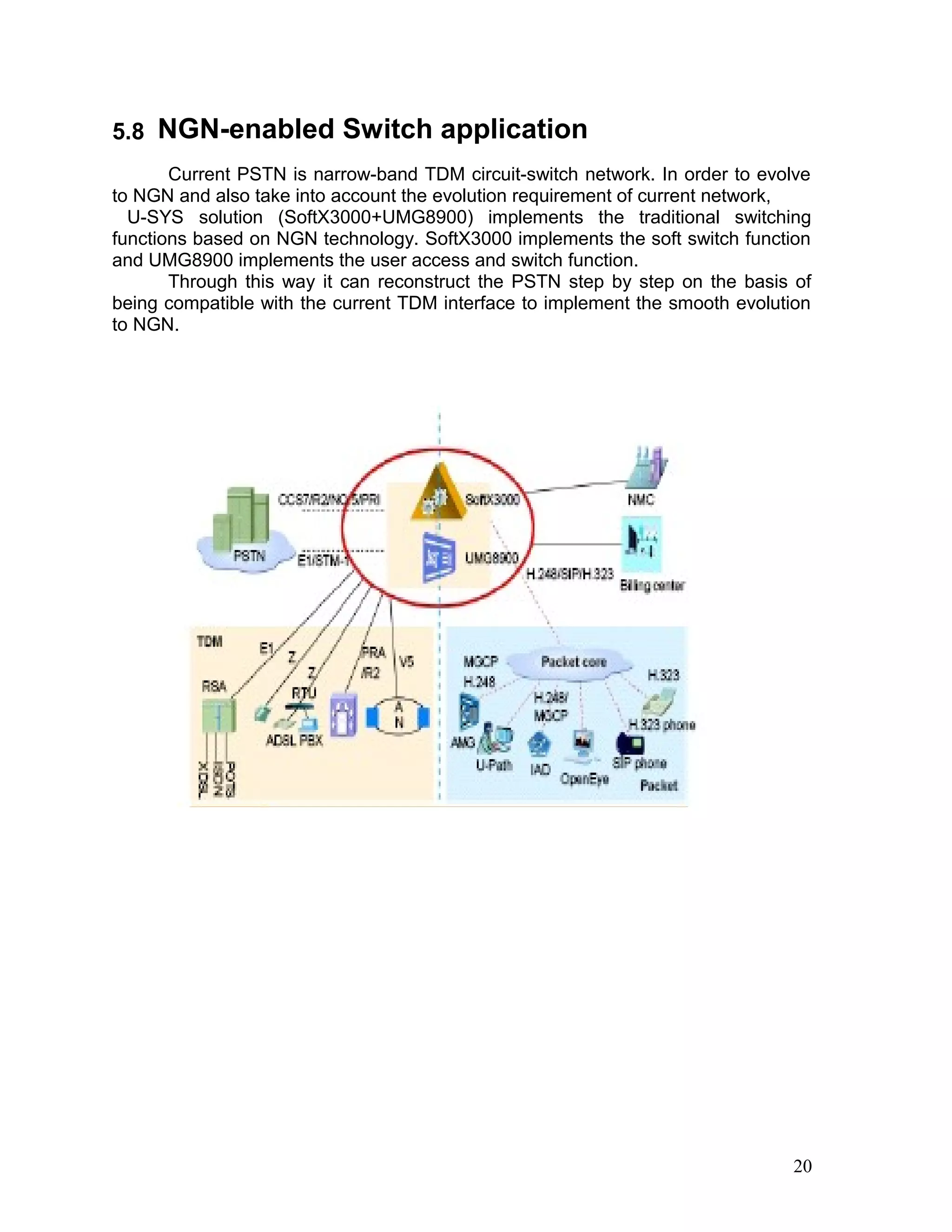 5.8 NGN-enabled Switch application
Current PSTN is narrow-band TDM circuit-switch network. In order to evolve
to NGN and also take into account the evolution requirement of current network,
U-SYS solution (SoftX3000+UMG8900) implements the traditional switching
functions based on NGN technology. SoftX3000 implements the soft switch function
and UMG8900 implements the user access and switch function.
Through this way it can reconstruct the PSTN step by step on the basis of
being compatible with the current TDM interface to implement the smooth evolution
to NGN.
20
 