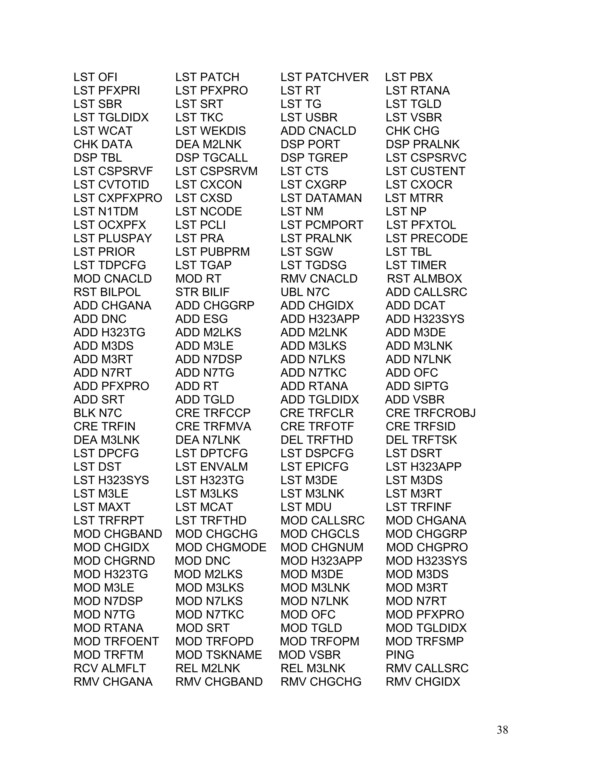 LST OFI LST PATCH LST PATCHVER LST PBX
LST PFXPRI LST PFXPRO LST RT LST RTANA
LST SBR LST SRT LST TG LST TGLD
LST TGLDIDX LST TKC LST USBR LST VSBR
LST WCAT LST WEKDIS ADD CNACLD CHK CHG
CHK DATA DEA M2LNK DSP PORT DSP PRALNK
DSP TBL DSP TGCALL DSP TGREP LST CSPSRVC
LST CSPSRVF LST CSPSRVM LST CTS LST CUSTENT
LST CVTOTID LST CXCON LST CXGRP LST CXOCR
LST CXPFXPRO LST CXSD LST DATAMAN LST MTRR
LST N1TDM LST NCODE LST NM LST NP
LST OCXPFX LST PCLI LST PCMPORT LST PFXTOL
LST PLUSPAY LST PRA LST PRALNK LST PRECODE
LST PRIOR LST PUBPRM LST SGW LST TBL
LST TDPCFG LST TGAP LST TGDSG LST TIMER
MOD CNACLD MOD RT RMV CNACLD RST ALMBOX
RST BILPOL STR BILIF UBL N7C ADD CALLSRC
ADD CHGANA ADD CHGGRP ADD CHGIDX ADD DCAT
ADD DNC ADD ESG ADD H323APP ADD H323SYS
ADD H323TG ADD M2LKS ADD M2LNK ADD M3DE
ADD M3DS ADD M3LE ADD M3LKS ADD M3LNK
ADD M3RT ADD N7DSP ADD N7LKS ADD N7LNK
ADD N7RT ADD N7TG ADD N7TKC ADD OFC
ADD PFXPRO ADD RT ADD RTANA ADD SIPTG
ADD SRT ADD TGLD ADD TGLDIDX ADD VSBR
BLK N7C CRE TRFCCP CRE TRFCLR CRE TRFCROBJ
CRE TRFIN CRE TRFMVA CRE TRFOTF CRE TRFSID
DEA M3LNK DEA N7LNK DEL TRFTHD DEL TRFTSK
LST DPCFG LST DPTCFG LST DSPCFG LST DSRT
LST DST LST ENVALM LST EPICFG LST H323APP
LST H323SYS LST H323TG LST M3DE LST M3DS
LST M3LE LST M3LKS LST M3LNK LST M3RT
LST MAXT LST MCAT LST MDU LST TRFINF
LST TRFRPT LST TRFTHD MOD CALLSRC MOD CHGANA
MOD CHGBAND MOD CHGCHG MOD CHGCLS MOD CHGGRP
MOD CHGIDX MOD CHGMODE MOD CHGNUM MOD CHGPRO
MOD CHGRND MOD DNC MOD H323APP MOD H323SYS
MOD H323TG MOD M2LKS MOD M3DE MOD M3DS
MOD M3LE MOD M3LKS MOD M3LNK MOD M3RT
MOD N7DSP MOD N7LKS MOD N7LNK MOD N7RT
MOD N7TG MOD N7TKC MOD OFC MOD PFXPRO
MOD RTANA MOD SRT MOD TGLD MOD TGLDIDX
MOD TRFOENT MOD TRFOPD MOD TRFOPM MOD TRFSMP
MOD TRFTM MOD TSKNAME MOD VSBR PING
RCV ALMFLT REL M2LNK REL M3LNK RMV CALLSRC
RMV CHGANA RMV CHGBAND RMV CHGCHG RMV CHGIDX
38
 