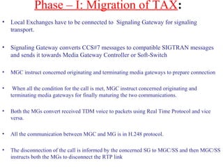 • Local Exchanges have to be connected to Signaling Gateway for signaling
transport.
• Signaling Gateway converts CCS#7 messages to compatible SIGTRAN messages
and sends it towards Media Gateway Controller or Soft-Switch
• MGC instruct concerned originating and terminating media gateways to prepare connection
• When all the condition for the call is met, MGC instruct concerned originating and
terminating media gateways for finally maturing the two communications.
• Both the MGs convert received TDM voice to packets using Real Time Protocol and vice
versa.
• All the communication between MGC and MG is in H.248 protocol.
• The disconnection of the call is informed by the concerned SG to MGC/SS and then MGC/SS
instructs both the MGs to disconnect the RTP link
Phase – I: Migration of TAX:
 