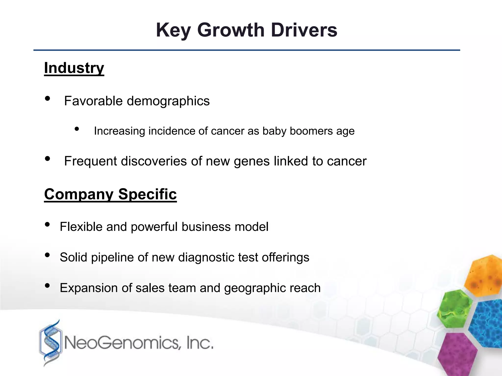 Key Growth Drivers
Industry

•   Favorable demographics

      •   Increasing incidence of cancer as baby boomers age

•   Frequent discoveries of new genes linked to cancer

Company Specific

•   Flexible and powerful business model

•   Solid pipeline of new diagnostic test offerings

•   Expansion of sales team and geographic reach
 