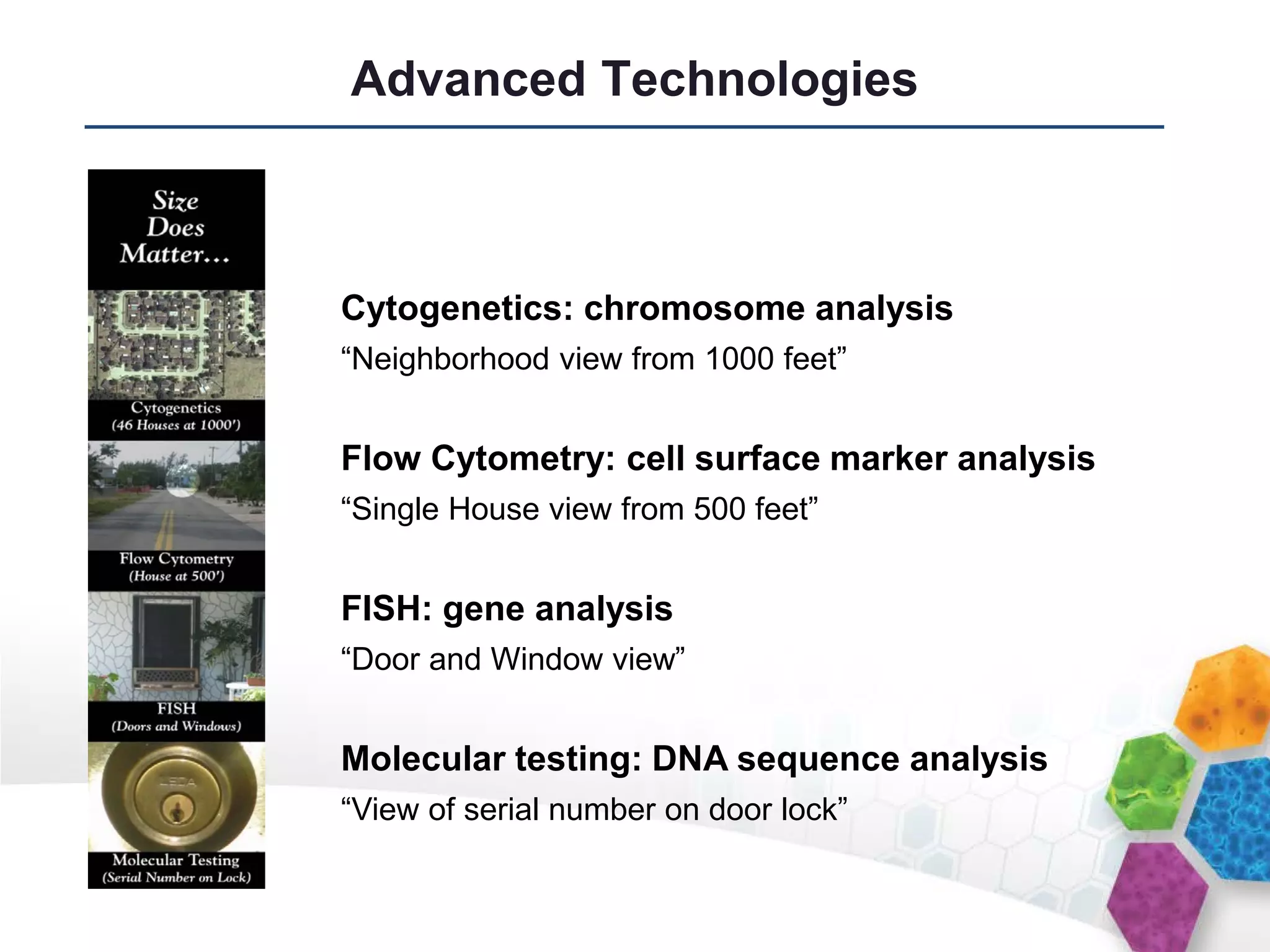 Advanced Technologies



Cytogenetics: chromosome analysis
“Neighborhood view from 1000 feet”


Flow Cytometry: cell surface marker analysis
“Single House view from 500 feet”


FISH: gene analysis
“Door and Window view”


Molecular testing: DNA sequence analysis
“View of serial number on door lock”
 
