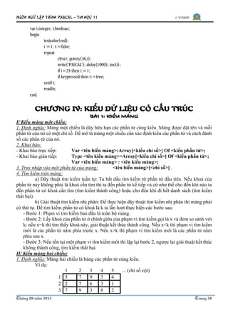Ngôn ngữ lập trình Pascal – Tin học 11 © NTMHP
Tháng 08 năm 2014 Trang 29
4 1 5 7 4 9
... (chỉ số hàng)
2. Khai báo:
- Kha...