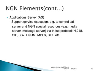    Applications Server (AS)
    - Support service execution, e.g. to control call
     server and NGN special resources (e.g. media
     server, message server) via these protocol: H.248,
     SIP, SS7, ENUM, MPLS, BGP etc.




                                   aqbutt, University Of Gujrat
                                                       Pakistan   2/5/2013   15
 