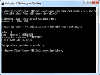 Windows Automated Installation KitBy using Windows AIK, you can automate Windows installations, capture Windows images with ImageX, configure and modify images using Deployment Imaging Servicing and Management (DISM), create Windows PE images, and migrate user profiles and data with the User State Migration Tool (USMT). Windows AIK also includes the Volume Activation Management Tool (VAMT), which enables IT professionals to automate and centrally manage the volume activation process using a Multiple Activation Key (MAK). 