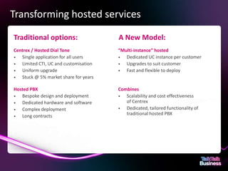Transforming hosted services

      Traditional options:                                                             A New Model:
      Centrex / Hosted Dial Tone                                                       “Multi-instance” hosted
      •  Single application for all users                                              •  Dedicated UC instance per customer
      •  Limited CTI, UC and customisation                                             •  Upgrades to suit customer
      •  Uniform upgrade                                                               •  Fast and flexible to deploy
      •  Stuck @ 5% market share for years

      Hosted PBX                                                                       Combines
      •  Bespoke design and deployment                                                 •  Scalability and cost effectiveness
      •  Dedicated hardware and software                                                  of Centrex
      •  Complex deployment                                                            •  Dedicated, tailored functionality of
      •  Long contracts                                                                   traditional hosted PBX




This document is designed for on-screen presentation and is uncontrolled if printed.
 