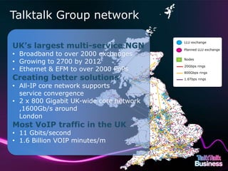 Talktalk Group network

                                                                                       LLU exchange
    UK’s largest multi-service NGN                                                     Planned LLU exchange
    • Broadband to over 2000 exchanges
    • Growing to 2700 by 2012                                                          Nodes

                                                                                       20Gbps rings
    • Ethernet & EFM to over 2000 PoPs                                                 800Gbps rings
    Creating better solutions                                                          1.6Tbps rings

    • All-IP core network supports
      service convergence
    • 2 x 800 Gigabit UK-wide core network
      ,1600Gb/s around
      London
    Most VoIP traffic in the UK
    • 11 Gbits/second
    • 1.6 Billion VOIP minutes/m


This document is designed for on-screen presentation and is uncontrolled if printed.
 