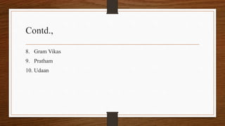 Contd.,
8. Gram Vikas
9. Pratham
10. Udaan
 