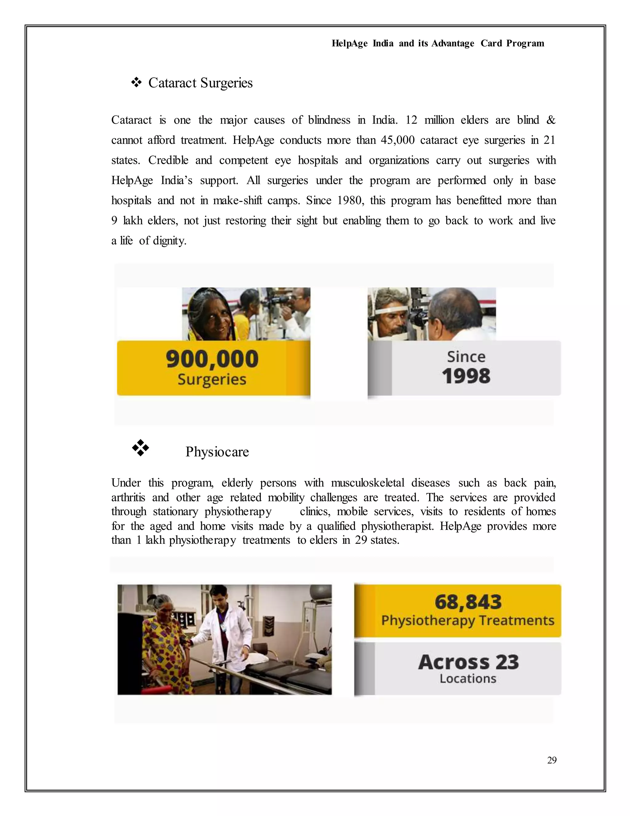 HelpAge India and its Advantage Card Program
29
 Cataract Surgeries
Cataract is one the major causes of blindness in India. 12 million elders are blind &
cannot afford treatment. HelpAge conducts more than 45,000 cataract eye surgeries in 21
states. Credible and competent eye hospitals and organizations carry out surgeries with
HelpAge India’s support. All surgeries under the program are performed only in base
hospitals and not in make-shift camps. Since 1980, this program has benefitted more than
9 lakh elders, not just restoring their sight but enabling them to go back to work and live
a life of dignity.
 Physiocare
Under this program, elderly persons with musculoskeletal diseases such as back pain,
arthritis and other age related mobility challenges are treated. The services are provided
through stationary physiotherapy clinics, mobile services, visits to residents of homes
for the aged and home visits made by a qualified physiotherapist. HelpAge provides more
than 1 lakh physiotherapy treatments to elders in 29 states.
 