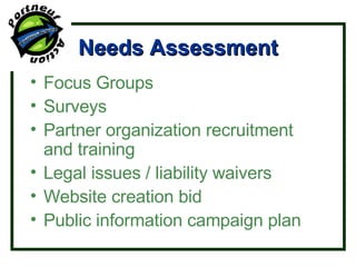 Needs Assessment Focus Groups Surveys Partner organization recruitment and training Legal issues / liability waivers Website creation bid Public information campaign plan 