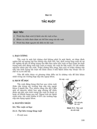 109
Bµi 11
T¾C RUéT
Môc tiªu
1. Tr×nh bµy ®−îc sinh lý bÖnh cña t¾c ruét c¬ häc.
2. Kh¸m vµ chÈn ®o¸n ®−îc c¸c thÓ l©m sµng cña t¾c ruét.
3. Tr×nh bµy ®−îc nguyªn t¾c ®iÒu trÞ t¾c ruét.
1. §¹i c−¬ng
T¾c ruét lµ mét héi chøng chø kh«ng ph¶i lµ mét bÖnh, nã ®−îc ®Þnh
nghÜa bëi sù ng−ng trÖ l−u th«ng cña chÊt r¾n, h¬i, dÞch trong lßng ruét do sù
t¾c nghÏn tõ gãc t¸ hçng trµng cho ®Õn hËu m«n (t¾c ruét c¬ häc) hoÆc do t×nh
tr¹ng mÊt nhu ®éng ruét (t¾c ruét c¬ n¨ng, t¾c ruét do liÖt ruét). Cã rÊt nhiÒu
nguyªn nh©n g©y t¾c ruét. TriÖu chøng l©m sµng, hËu qu¶ vµ triÖu chøng cÊp
cøu cña t×nh tr¹ng t¾c ruét rÊt kh¸c nhau ë mçi bÖnh nh©n tïy thuéc vµo c¬
chÕ vµ vÞ trÝ chç t¾c.
VÊn ®Ò chÈn ®o¸n vµ ph−¬ng thøc ®iÒu trÞ lµ nh÷ng vÊn ®Ò khã kh¨n
nhÊt trong c¸c tr−êng hîp cÊp cøu ngo¹i khoa.
2. DÞch tÔ häc
T¾c ruét ®øng hµng thø hai sau viªm ruét
thõa cÊp trong c¸c tr−êng hîp cÊp cøu ngo¹i
khoa ë ng−êi lín. Tuy nhiªn còng cÇn ®Ó ý ®Õn
mét sè nguyªn nh©n hay gÆp nh−ng dÔ chÈn
®o¸n mµ g©y nªn t×nh tr¹ng t¾c ruét lµ tho¸t vÞ
hoÆc sæ thµnh bông sau mæ. Ngo¹i trõ c¸c bÖnh
c¶nh trªn, t¾c ruét chiÕm 8-10% c¸c tr−êng hîp
cÊp cøu bông ngo¹i khoa.
3. Nguyªn nh©n
3.1. T¾c ruét c¬ häc
3.1.1. T¹i bªn trong lßng ruét
− ë ruét non:
H×nh 11.1. T¾c ruét
do sái mËt
Rß mËt – ruét
Sái mËt g©y
t¾c ruét
 