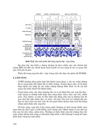 138
H×nh 13.2. C¸c c¸ch ph©n ®é trong ung th− ®¹i – trùc trµng
Sù x©m lÊn cña khèi u th«ng th−êng lµ theo chiÒu s©u cña thµnh ®¹i
trµng (§T) råi ®Õn c¸c chuçi h¹ch b¹ch huyÕt vµ sau cïng lµ c¸c c¬ quan l©n
cËn, chñ yÕu lµ gan.
Ph©n ®é trong ung th− ®¹i - trùc trµng chñ yÕu dùa vµo ph©n ®é DUKES.
4. L©m sµng
− UT§T th−êng ®−îc ph¸t hiÖn khi bÖnh ë giai ®o¹n 1, lóc c¸c triÖu chøng
®· râ rµng hoÆc khi bÖnh ®· cã biÕn chøng. ë giai ®o¹n sím, tû lÖ ph¸t
hiÖn bÖnh cßn thÊp do c¸c triÖu chøng kh«ng ®iÓn h×nh vµ do sù chñ
quan cña thÇy thuèc lÉn bÖnh nh©n.
− ë giai ®o¹n sím, tïy theo th−¬ng tæn vµ vÞ trÝ ®Þnh khu mµ ung th− ®¹i -
trùc trµng cã nh÷ng biÓu hiÖn l©m sµng kh¸c nhau nh−: sôt c©n, thiÕu
m¸u. Tuy nhiªn, cã mét sè dÊu hiÖu b¸o ®éng sím mµ ta kh«ng nªn bá
qua nh− ®¹i tiÖn ph©n ®en, cã m¸u, rèi lo¹n tiªu ho¸ (cã nh÷ng ®ît t¸o
bãn vµ tiªu ch¶y xen kÏ). Lóc ®ã cÇn ph¶i th¨m kh¸m mét c¸ch hÖ thèng
nh»m ph¸t hiÖn sím ung th−.
VÒ l©m sµng, ung th− ë ®¹i trµng ph¶i th−êng cã t×nh tr¹ng thiÕu m¸u
m¹n tÝnh do ch¶y m¸u vi thÓ (thiÕu m¸u nh−îc s¾c). BÖnh nh©n cã c¸c ®ît tao
bãn xen kÏ tiªu ch¶y, ph©n ®en. Th−êng cã biÓu hiÖn cña héi chøng b¸n t¾c
ruét, th¨m kh¸m l©m sµng cã thÓ ph¸t hiÖn khèi u bÊt th−êng ë vïng hè chËu
ph¶i hoÆc vïng h¹ s−ên ph¶i.
 