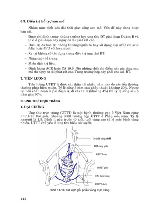 144
§MMT trµng dæåïi
§M cïng gi÷a
§MTT trªn
§MTT gi÷a
§M thÑn trong
§MTT d−íi
6.3. §iÒu trÞ hç trî sau mæ
Nh»m môc ®Ých kÐo dµi thêi gian sèng sau mæ. VÊn ®Ò nµy ®ang ®−îc
bµn c·i.
− §−îc chØ ®Þnh trong nh÷ng tr−êng hîp ung th− §T giai ®o¹n Dukes B vµ
C v× ë giai ®o¹n nµy nguy c¬ t¸i ph¸t rÊt cao.
− §iÒu trÞ ®a ho¸ trÞ: th«ng th−êng ng−êi ta hay sö dông lo¹i 5FU víi acid
folic hoÆc 5FU víi levamisol.
− X¹ trÞ kh«ng cã t¸c dông trong ®iÒu trÞ ung th− §T.
− N©ng cao thÓ tr¹ng
− MiÔn dÞch trÞ liÖu.
− §Þnh l−îng ACE hoÆc CA 19.9. NÕu nh÷ng chÊt chØ ®iÓm nµy gia t¨ng sau
mæ th× nguy c¬ t¸i ph¸t rÊt cao. Trong tr−êng hîp nµy ph¶i cho soi §T.
7. Tiªn l−îng
Tiªn l−îng UT§T Ýt ®−îc c¶i thiÖn tõ nhiÒu n¨m nay do c¸c tæn th−¬ng
th−êng ph¸t hiÖn muén. Tû lÖ sèng 5 n¨m sau phÉu thuËt kho¶ng 20%. Ng−îc
l¹i nÕu chÈn ®o¸n ë giai ®o¹n A, di c¨n xa Ýt (kho¶ng 4%) th× tû lÖ sèng sau 5
n¨m gÇn 90%.
B. UNG TH¦ TRùC TRµNG
1. §¹i c−¬ng
Ung th− trùc trµng (UTTT) lµ mét bÖnh th−êng gÆp ë ViÖt Nam còng
nh− trªn thÕ giíi. Kho¶ng 8000 tr−êng hîp UTTT ë Ph¸p mçi n¨m. Tû lÖ
nam/n÷ lµ 1,5. BÖnh Ýt gÆp tr−íc 40 tuæi, tuæi cµng cao tû lÖ m¾c bÖnh cµng
nhiÒu. UTTT chñ yÕu lµ ung th− biÓu m« tuyÕn.
H×nh 13.13. S¬ l−îc gi¶i phÉu vïng trùc trµng
 