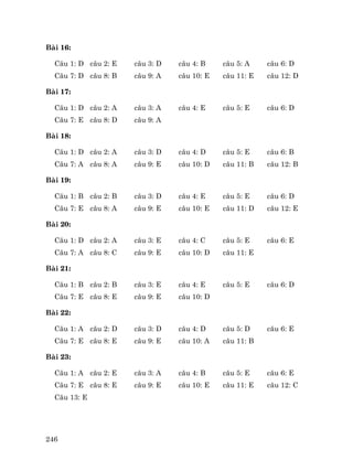 246
Bµi 16:
C©u 1: D c©u 2: E c©u 3: D c©u 4: B c©u 5: A c©u 6: D
C©u 7: D c©u 8: B c©u 9: A c©u 10: E c©u 11: E c©u 12: D
Bµi 17:
C©u 1: D c©u 2: A c©u 3: A c©u 4: E c©u 5: E c©u 6: D
C©u 7: E c©u 8: D c©u 9: A
Bµi 18:
C©u 1: D c©u 2: A c©u 3: D c©u 4: D c©u 5: E c©u 6: B
C©u 7: A c©u 8: A c©u 9: E c©u 10: D c©u 11: B c©u 12: B
Bµi 19:
C©u 1: B c©u 2: B c©u 3: D c©u 4: E c©u 5: E c©u 6: D
C©u 7: E c©u 8: A c©u 9: E c©u 10: E c©u 11: D c©u 12: E
Bµi 20:
C©u 1: D c©u 2: A c©u 3: E c©u 4: C c©u 5: E c©u 6: E
C©u 7: A c©u 8: C c©u 9: E c©u 10: D c©u 11: E
Bµi 21:
C©u 1: B c©u 2: B c©u 3: E c©u 4: E c©u 5: E c©u 6: D
C©u 7: E c©u 8: E c©u 9: E c©u 10: D
Bµi 22:
C©u 1: A c©u 2: D c©u 3: D c©u 4: D c©u 5: D c©u 6: E
C©u 7: E c©u 8: E c©u 9: E c©u 10: A c©u 11: B
Bµi 23:
C©u 1: A c©u 2: E c©u 3: A c©u 4: B c©u 5: E c©u 6: E
C©u 7: E c©u 8: E c©u 9: E c©u 10: E c©u 11: E c©u 12: C
C©u 13: E
 