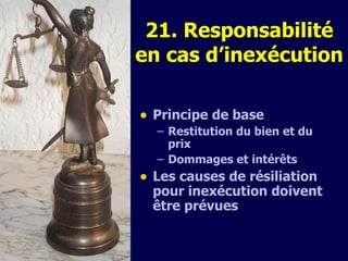 2 1 .  Responsabilité en cas d’inexécution Principe de base  Restitution  du bien et du prix Dommages et intérêts Les causes de résiliation pour inexécution doivent être prévues 