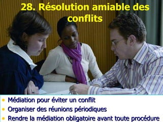 28 .  Résolution amiable des conflits M é diation  pour éviter un conflit Organiser des réunions périodiques  Rendre la médiation obligatoire avant toute procédure 