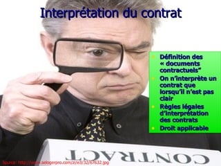 Interpr é tation  du  contrat D é fin ition des « documents contractuels ” On n’interprète un contrat que lorsqu’il n’est pas clair Règles légales d’interprétation des contrats   Droit applicable Source: http://www.selogerpro.com/zi/e3/32/67632.jpg 