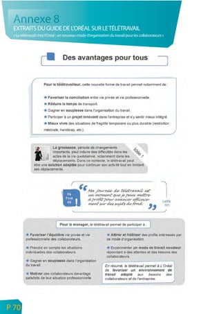 Annexe 8
     EXTRAITS DU GUIDE DE L’ORÉAL SUR LE TÉLÉTRAVAIL
     « Le télétravail chez l’Oréal ; un nouveau mode d’organisation du travail pour les collaborateurs »




n
e   P 70
 
