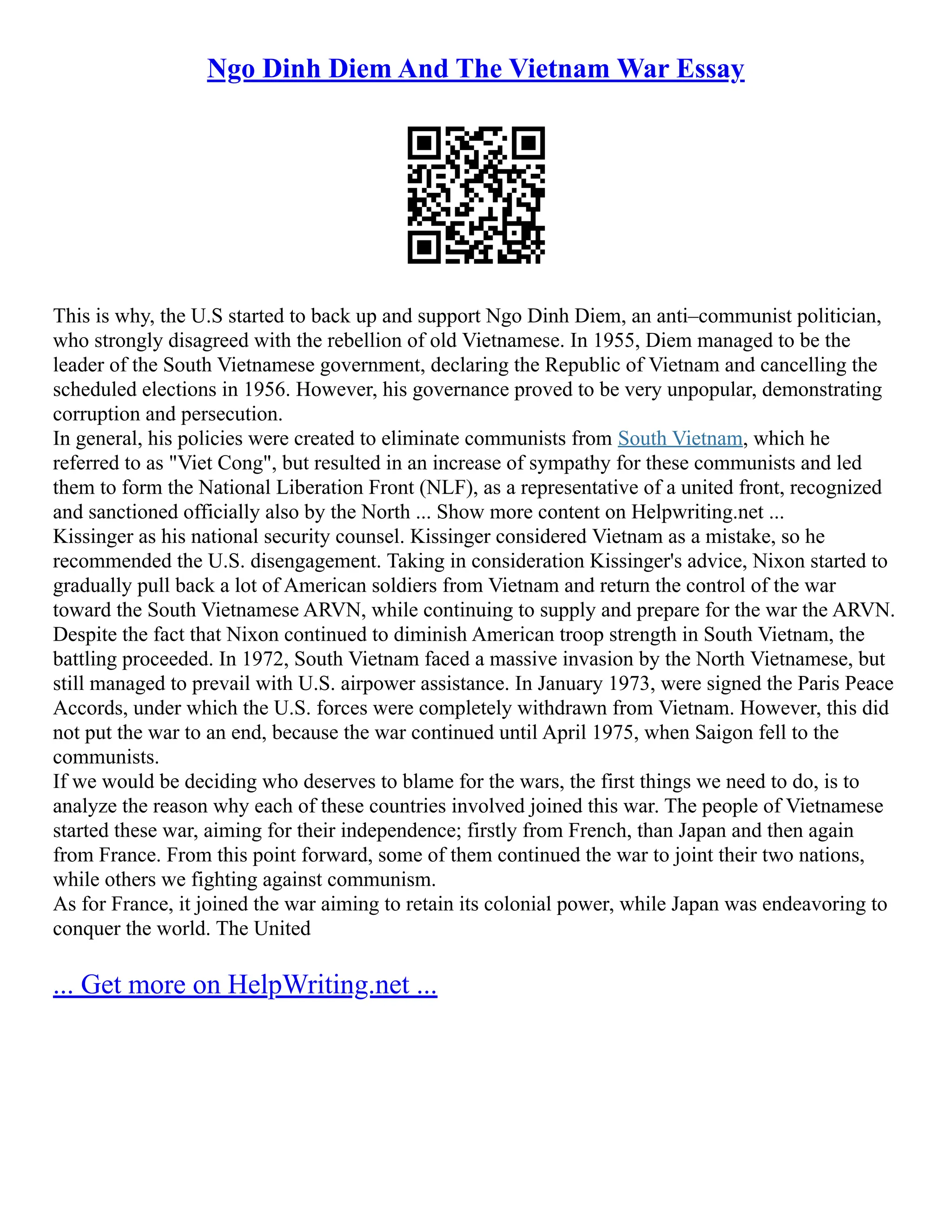 Ngo Dinh Diem And The Vietnam War Essay PDF