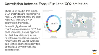 Correlation between Fossil Fuel and CO2 emission
• There is no double that China,
USA and India are releasing the
most CO2 amount, they are also
more fuel than any other
countries in the world.
• Interestingly, developed
countries release more CO2 than
poor countries. This is opposite
to what they claimed that the
developing countries are mainly
responsible for Global Warning
due to their economics activities
do not take environment into
consideration.
 