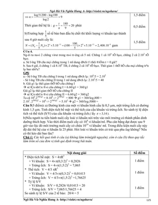 Ngô Hà Vũ-Nghĩa Hưng A- http://violet.vn/ngohavu/
Ngô Hà Vũ-Nghĩa Hưng A- http://violet.vn/ngohavu/ 125
log51200 log100
9
log 2
n

  
Thời gian thế hệ là :
180
20
9
t
g
n
   phút
b)Trường hợp
1
5
số tế bào ban đầu bị chết thì khối lượng vi khuẩn tạo thành
sau 4 giờ nuôi cấy là:
13 9 13 8
0 0
1 100
( ) 2 5.10 (100 ) 2 5.10 2,408.10
5 5
n
N N N   
         gam
1,5 điểm
0,5 điểm
1,5 điểm
C©u 4.
Ng­êi ta nu«i 2 chñng virut trong m«i tr­êng cã 5 ml. Chñng 1 cã 106
tÕ bµo, chñng 2 cã 2.102
tÕ
bµo.
a. Sè l­îng TB cña mçi chñng trong 1 ml dung dÞch t¹i thêi ®iÓm t = 0 giê?
b. Sau 6 giê, ë chñng 1 cã 8.108
TB, ë chñng 2 cã 106
tÕ bµo. Thêi gian 1 thÕ hÖ cña mçi chñng trªn
lµ bao nhiªu?
Gi¶i
a.- Sè l­îng TB cña chñng I trong 1 ml dung dÞch lµ: 106
/5 = 2.105
- Sè l­îng TB cña chñng II trong 1 ml dung dÞch lµ: 2.102
/5 = 40
b. Gäi g1 lµ thêi gian thÕ hÖ cña chñng I
 sè lÇn nh©n ®«i cña chñng I = 6.60/g1 = 360/g1
Gäi g2 lµ thêi gian thÕ hÖ cña chñng II
 sè lÇn nh©n ®«i cña chñng II = 6.60/g2 = 360/g2
Ta cã 106
.2360/g1
= 8.108
-> 2360/g1
= 800  g1 = 360/log2800 =
2.102
. 2360/g2
= 106
-> 2360/g2
= 5.103
 g2 = 360/log25000 =
Câu 5(5 điểm): a) Đường kính của một vi khuẩn hình cầu là 0,3 m, một trứng ếch có đường
kính 1,5 m. Tính diện tích bề mặt và thể tích của cầu khuẩn và trứng ếch. So sánh tỷ lệ diện
tích và thể tích (S/V) của cầu khuẩn và trứng ếch.( lấy 3,14  ).
b)Nếu người ta tiến hành nuôi cấy loài vi khuẩn nói trên vào môi trường có thành phần dinh
dưỡng thích hợp. Vào thời điểm nuôi cấy có 104
vi khuẩn/ml. Pha cân bằng đạt được sau 9
giờ vào lúc đó môi trường nuôi cấy có chứa 1010
vi khuẩn/ ml. Trong điều kiện nuôi cấy này
độ dài thế hệ của vi khuẩn là 25 phút. Hỏi loài vi khuẩn trên có trải qua pha lag không? Nếu
có thì kéo dài bao lâu?
Chú ý: Các kết quả tính ở câu (a) không làm tròn(giữ nguyên), còn ở câu (b) theo quy tắc
làm tròn số của đơn vị tính qui định trong bài toán.
Nội dung giải Số điểm
* Diện tích bề mặt: S = 4R2
+ Vi khuẩn: S = 4(0,3:2)2
= 0,2826
+ Trứng ếch: S = 4(1,5:2)2
= 7,065
* Thể tích: V = 4/3 R3
+ Vi khuẩn: V = 4/3(0,3:2)3
= 0,01413
+ Trứng ếch: V = 4/3(1,5:2)3
=1,76625
* Tỷ lệ S/V
+ Vi khuẩn: S/V = 0,2826/ 0,01413 = 20
+ Trứng ếch: S/V = 7,065/1,76625 = 4
So sánh tỷ lệ S/V của 2 tế bào: 20/4 = 5
1 điểm
1 điểm
1 điểm
 