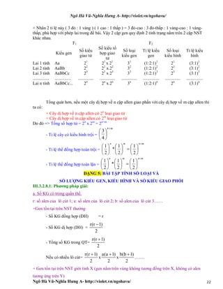 Ngô Hà Vũ-Nghĩa Hưng A- http://violet.vn/ngohavu/
Ngô Hà Vũ-Nghĩa Hưng A- http://violet.vn/ngohavu/ 22
+ Nhân 2 tỉ lệ này ( 3 đỏ : 1 vàng ) ( 1 cao : 1 thấp ) = 3 đỏ-cao : 3 đỏ-thấp : 1 vàng-cao : 1 vàng-
thấp, phù hợp với phép lai trong đề bài. Vậy 2 cặp gen quy định 2 tính trạng nằm trên 2 cặp NST
khác nhau.
F1 F2
Kiểu gen
Số kiểu
giao tử
Số kiểu tổ
hợp giao
tử
Số loại
kiểu gen
Tỉ lệ kiểu
gen
Số loại
kiểu hình
Tỉ lệ kiểu
hình
Lai 1 tính
Lai 2 tính
Lai 3 tính
...............
Aa
AaBb
AaBbCc
...............
21
22
23
..............
21
x 21
22
x 22
23
x 23
..............
31
32
33
..............
(1:2:1)1
(1:2:1)2
(1:2:1)3
...............
21
22
23
..............
(3:1)1
(3:1)2
(3:1)3
...............
Lai n tính AaBbCc... 2n
2n
x 2n
3n
(1:2:1)n
2n
(3:1)n
Tổng quát hơn, nếu một cây dị hợp về n cặp allen giao phấn với cây dị hợp về m cặp allen thì
ta có:
+ Cây dị hợp về n cặp allen có 2n
loại giao tử
+ Cây dị hợp về m cặp allen có 2m
loại giao tử
Do đó => Tổng số hợp tử = 2n
x 2m
= 2n+m
- Tỉ lệ cây có kiểu hình trội =
mk






4
3
- Tỉ lệ thể đồng hợp toàn trội =
mnmn 


















2
1
2
1
*
2
1
- Tỉ lệ thể đồng hợp toàn lặn =
mnmn 


















2
1
2
1
*
2
1
DẠNG 5: BÀI TẬP TÍNH SỐ LOẠI VÀ
SỐ LƯỢNG KIỂU GEN, KIỂU HÌNH VÀ SỐ KIỂU GIAO PHỐI
III.3.2.8.1: Phương pháp giải:
a. Số KG có trong quần thể.
r: số alen của lô cút 1; a: số alen của lô cút 2; b: số alen của lô cút 3……
+Gen tồn tại trên NST thường
- Số KG đồng hợp (ĐH) = r
- Số KG dị hợp (DH) =
r(r 1)
2

- Tổng số KG trong QT=
r(r 1)
2

Nếu có nhiều lô cút=
r(r 1)
2

x
a(a 1)
2

x
b(b 1)
2

…….
+ Gen tồn tại trên NST giới tính X (gen nằm trên vùng không tương đồng trên X, không có alen
tương ứng trên Y)
 
