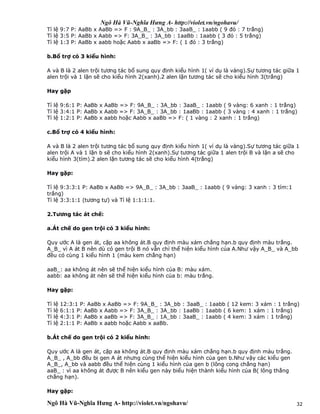 Ngô Hà Vũ-Nghĩa Hưng A- http://violet.vn/ngohavu/
Ngô Hà Vũ-Nghĩa Hưng A- http://violet.vn/ngohavu/ 32
Tỉ lệ 9:7 P: AaBb x AaBb => F : 9A_B_ : 3A_bb : 3aaB_ : 1aabb ( 9 đỏ : 7 trắng)
Tỉ lệ 3:5 P: AaBb x Aabb => F: 3A_B_ : 3A_bb : 1aaBb : 1aabb ( 3 đỏ : 5 trắng)
Tỉ lệ 1:3 P: AaBb x aabb hoặc Aabb x aaBb => F: ( 1 đỏ : 3 trắng)
b.Bổ trợ có 3 kiểu hình:
A và B là 2 alen trội tương tác bổ sung quy định kiểu hình 1( ví dụ là vàng).Sự tương tác giữa 1
alen trội và 1 lặn sẽ cho kiểu hình 2(xanh).2 alen lặn tương tác sẽ cho kiểu hình 3(trắng)
Hay gặp
Tỉ lệ 9:6:1 P: AaBb x AaBb => F: 9A_B_ : 3A_bb : 3aaB_ : 1aabb ( 9 vàng: 6 xanh : 1 trắng)
Tỉ lệ 3:4:1 P: AaBb x Aabb => F: 3A_B_ : 3A_bb : 1aaBb : 1aabb ( 3 vàng : 4 xanh : 1 trắng)
Tỉ lệ 1:2:1 P: AaBb x aabb hoặc Aabb x aaBb => F: ( 1 vàng : 2 xanh : 1 trắng)
c.Bổ trợ có 4 kiểu hình:
A và B là 2 alen trội tương tác bổ sung quy định kiểu hình 1( ví dụ là vàng).Sự tương tác giữa 1
alen trội A và 1 lặn b sẽ cho kiểu hình 2(xanh).Sự tương tác giữa 1 alen trội B và lặn a sẽ cho
kiểu hình 3(tím).2 alen lặn tương tác sẽ cho kiểu hình 4(trắng)
Hay gặp:
Tỉ lệ 9:3:3:1 P: AaBb x AaBb => 9A_B_ : 3A_bb : 3aaB_ : 1aabb ( 9 vàng: 3 xanh : 3 tím:1
trắng)
Tỉ lệ 3:3:1:1 (tương tự) và Tỉ lệ 1:1:1:1.
2.Tương tác át chế:
a.Át chế do gen trội có 3 kiểu hình:
Quy ước A là gen át, cặp aa không át.B quy định màu xám chẳng hạn.b quy định màu trắng.
A_B_ vì A át B nên dù có gen trội B nó vẫn chỉ thể hiện kiểu hình của A.Như vậy A_B_ và A_bb
đều có cùng 1 kiểu hình 1 (màu kem chẳng hạn)
aaB_: aa không át nên sẽ thể hiện kiểu hình của B: màu xám.
aabb: aa không át nên sẽ thể hiện kiểu hình của b: màu trắng.
Hay gặp:
Tỉ lệ 12:3:1 P: AaBb x AaBb => F: 9A_B_ : 3A_bb : 3aaB_ : 1aabb ( 12 kem: 3 xám : 1 trắng)
Tỉ lệ 6:1:1 P: AaBb x Aabb => F: 3A_B_ : 3A_bb : 1aaBb : 1aabb ( 6 kem: 1 xám : 1 trắng)
Tỉ lệ 4:3:1 P: AaBb x aaBb => F: 3A_B_ : 1A_bb : 3aaB_ : 1aabb ( 4 kem: 3 xám : 1 trắng)
Tỉ lệ 2:1:1 P: AaBb x aabb hoặc Aabb x aaBb.
b.Át chế do gen trội có 2 kiểu hình:
Quy ước A là gen át, cặp aa không át.B quy định màu xám chẳng hạn.b quy định màu trắng.
A_B_ , A_bb đều bị gen A át nhưng cùng thể hiện kiểu hình của gen b.Như vậy các kiểu gen
A_B_, A_bb và aabb đều thể hiện cùng 1 kiểu hình của gen b (lông cong chẳng hạn)
aaB_ : vì aa không át được B nên kiểu gen này biểu hiện thành kiểu hình của B( lông thẳng
chẳng hạn).
Hay gặp:
 