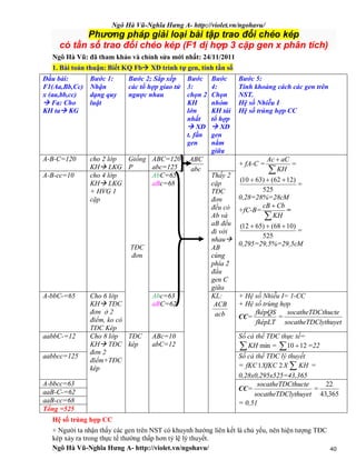 Ngô Hà Vũ-Nghĩa Hưng A- http://violet.vn/ngohavu/
Ngô Hà Vũ-Nghĩa Hưng A- http://violet.vn/ngohavu/ 40
Phương pháp giải loại bài tập trao đổi chéo kép
có tần số trao đổi chéo kép (F1 dị hợp 3 cặp gen x phân tích)
Ngô Hà Vũ: đã tham khảo và chỉnh sửa mới nhất: 24/11/2011
1. Bài toán thuận: Biết KQ Fb XĐ trình tự gen, tính tần số
Đầu bài:
F1(Aa,Bb,Cc)
x (aa,bb,cc)
 Fa: Cho
KH ta KG
Bước 1:
Nhận
dạng quy
luật
Bước 2; Sắp xếp
các tổ hợp giao tử
ngược nhau
Bước
3:
chọn 2
KH
lớn
nhất
 XĐ
t. fần
gen
Bước
4:
Chọn
nhóm
KH tái
tổ hợp
 XĐ
gen
nằm
giữa
Bước 5:
Tính khoảng cách các gen trên
NST.
Hệ số Nhiễu I
Hệ số trùng hợp CC
A-B-C=120 cho 2 lớp
KH LKG
Giống
P
ABC=120
abc=125
A-B-cc=10 cho 4 lớp
KH LKG
+ HVG 1
cặp
AbC=65
aBc=68
Thấy 2
cặp
TĐC
đơn
đều có
Ab và
aB đều
đi với
nhau
AB
cùng
phía 2
đầu
gen C
giữa
+ fA-C =


KH
aCAc
=
525
)1262()6310( 
=
0,28=28%=28cM
+fC-B=


KH
CbcB
=
525
)1068()6512( 
=
0,295=29,5%=29,5cM
A-bbC-=65 Cho 6 lớp
KH TĐC
đơn ở 2
điểm, ko có
TĐC Kép
TĐC
đơn
Abc=63
aBC=62
+ Hệ số Nhiễu I= 1-CC
+ Hệ số trùng hợp
CC=
fképLT
fképQS
=
lythuyetsocatheTDC
thuctesocatheTDC
aabbC-=12 Số cá thể TĐC thực tế=
 minKH =  1210 =22
aabbcc=125 Số cá thể TĐC lý thuyết
=  KHXXfKCfKC 21 =
0,28x0,295x525=43,365
A-bbcc=63
aaB-C-=62
aaB-cc=68
Tổng =525
Cho 8 lớp
KH TĐC
đơn 2
điểm+TĐC
kép
TĐC
kép
ABc=10
abC=12
abc
ABC
KL:
acb
ACB
CC=
lythuyetsocatheTDC
thuctesocatheTDC
=
365,43
22
= 0,51
Hệ số trùng hợp CC
+ Người ta nhận thấy các gen trên NST có khuynh hướng liên kết là chủ yếu, nên hiện tượng TĐC
kép xảy ra trong thực tế thường thấp hơn tỷ lệ lý thuyết.
 