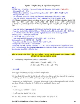 Ngô Hà Vũ-Nghĩa Hưng A- http://violet.vn/ngohavu/
Ngô Hà Vũ-Nghĩa Hưng A- http://violet.vn/ngohavu/ 43
Bài 2:
a.)- TĐC kép = 20%.15% = 3% → tạo 2 loại gt tỉ lệ bằng nhau: AbD =aBd = 3%/2=1,5%
Khoảng cách A-B = 20% →
- TĐC đơn đoạn 1(A-B) tạo 2 loại gt tỉ lệ bằng nhau: Abd = aBD = (20%-3%)/2 = 8,5%
Khoảng cách D-B = 15% →
- TĐC đơn đoạn 2(D-B)tạo 2 loại gt tỉ lệ bằng nhau: ABd =abD= (15%-3%)/2 = 6%
- 2 loại giao tử LKHT bằng nhau:ABD = abd = [100%-(3%+17%+12%)]/2 = 34%
b) b. Nếu quá trình giảm phân ở một cá thể đã tạo ra 8 loại giao tử với thành phần alen và có tỉ lệ là
ABD = abd = 2,1% ; AbD = aBd = 12,95% ; ABd = abD = 28,5% và Abd = aBD = 6,45% thì trình
tự sắp xếp các gen trên cặp nhiễm sắc thể này và khoảng cách tương đối giữa chúng là bao nhiêu
cM?
_______________
- 2 loại giao tử có tỉ lệ nhỏ nhất (do TĐC kép nên nhỏ hơn TĐ đơn) là ABD =abd = 2,1% (1)
- 2 loại giao tử có tỉ lệ lớn nhất (do không có TĐC nên lớn hơn TĐ đơn) là ABd =abD = 28,5%(2)
Vì kq TĐC kép chỉ làm thay đổi 1 gen nằm ở giữa 2 đầu mút so với khi không có TĐC
nên từ (1) &(2) → trật tự gen là AdB/aDb
→ Tần số TĐC kép = 2,1.2 = 4,2%
- 2 loại gt tạo ra do TĐ đơn đoạn 1(A-d) là ADb = adB = 12,95% →
Khoảng cách A và d = 12,95.2+4,2 = 30,1cM
- 2 loại gt tạo ra do TĐ đơn đoạn 2(d-B) là Adb = aDB= 6,45% →
Khoảng cách d và B = 6,45.2 + 4,2 = 17,1cM
Trường hợp này TĐC kép theo lí thuyết = 17,1 x 30,1 = 5,1% trong khi đó TĐC kép thực tế chỉ =
4,2%.Vậy trong trường hợp này hệ số trùng hợp = 4,2/5,1 = 0,8 (do khi xảy ra TĐC tại 1 điểm sẽ
làm giảm khả năng TĐC ở điểm lân cận)
XÁC ĐỊNH NHANH TỈ LỆ CÁC KIỂU HÌNH TRONG TRƯỜNG HỢP HOÁN VỊ CẢ 2 BÊN
BỐ MẸ VỚI TẦN SỐ GIỐNG NHAU
* Có thể áp dụng công thức sau: (A-B-) – (aabb)=50%
A-bb + aabb= 25%; aaB- + aabb = 25%
(A-B-) + A-bb =75%; (A-B-) + aaB- =75%
I. VẤN ĐỀ
Hoán vị gen là một trong các dạng bài tật DT khá phổ biến.
Yêu cầu về mặt thời gian khi làm bài tập trắc nghiệm cho phép ta nghĩ đến việc thiết lập công thức
có tính tổng quát để tìm nhanh kết quả trong những trường hợp đặc biệt.
Chúng ta hãy xét trường hợp với 2 cặp gen dị hợp có hoán vị xảy ra đồng thời ở Bố & Mẹ với kiểu
gen và tần số hoán vị như nhau thì TLKH ở thế hệ sau biến đổi như thế nào?
Kí hiệu :
- TL mỗi loại giao tử LKHT : m (%)
- TL mỗi loại giao tử có HVG : n (%)
(f = 2n < 50% ; m>n>0 ; m+n = 50%) : trường hợp f = 50% giống PLĐL
 