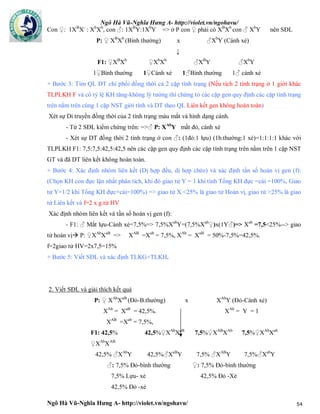 Ngô Hà Vũ-Nghĩa Hưng A- http://violet.vn/ngohavu/
Ngô Hà Vũ-Nghĩa Hưng A- http://violet.vn/ngohavu/ 54
Con ♀: 1XB
X-
: Xb
Xb
, con ♂: 1XB
Y:1Xb
Y => ở P con ♀ phải có XB
Xb
con ♂ Xb
Y nên SĐL
P: ♀ XB
Xb
(Bình thường) x ♂Xb
Y (Cánh xẻ)
↓
F1: ♀XB
Xb
♀Xb
Xb
♂XB
Y ♂Xb
Y
1♀Bình thường 1♀Cánh xẻ 1♂Bình thường 1♂ cánh xẻ
+ Bước 3: Tìm QL DT chi phối đồng thời cả 2 cặp tính trạng (Nếu tích 2 tính trạng ở 1 giới khác
TLPLKH F và có tỷ lệ KH tăng-không lý tưởng thì chứng tỏ các cặp gen quy định các cặp tính trạng
trên nằm trên cùng 1 cặp NST giới tính và DT theo QL Liên kết gen không hoàn toàn)
Xét sự Di truyền đồng thời của 2 tính trạng màu mắt và hình dạng cánh.
- Từ 2 SĐL kiểm chứng trên: =>♂ P: XAb
Y mắt đỏ, cánh xẻ
- Xét sự DT đồng thời 2 tính trạng ở con ♂: (1đỏ:1 lựu) (1b.thường:1 xẻ)=1:1:1:1 khác với
TLPLKH F1: 7,5:7,5:42,5:42,5 nên các cặp gen quy định các cặp tính trạng trên nằm trên 1 cặp NST
GT và đã DT liên kết không hoàn toàn.
+ Bước 4: Xác định nhóm liên kết (Dị hợp đều, dị hợp chéo) và xác định tần số hoán vị gen (f):
(Chọn KH con đực lặn nhất phân tích, khi đó giao tử Y = 1 khi tính Tổng KH đực =cái =100%, Giao
tử Y=1/2 khi Tổng KH đực+cái=100%) => giao tử X <25% là giao tử Hoán vị, giao tử >25% là giao
tử Liên kết và f=2 x g.tử HV
Xác định nhóm liên kết và tần số hoán vị gen (f):
- F1: ♂ Mắt lựu-Cánh xẻ=7,5%=> 7,5%Xab
Y=(7,5%Xab
♀)x(1Y♂)=> Xab
=7,5<25%--> giao
tử hoán vị P: ♀XAb
XaB
=> XAB
=Xab
= 7,5%, XAb
= XaB
= 50%-7,5%=42,5%.
f=2giao tử HV=2x7,5=15%
+ Bước 5: Viết SĐL và xác định TLKG+TLKH.
2. Viết SĐL và giải thích kết quả
P: ♀ XAb
XaB
(Đỏ-B.thường) x XAb
Y (Đỏ-Cánh xẻ)
XAb
= XaB
= 42,5%.
XAB
=Xab
= 7,5%,
XAb
= Y = 1
F1: 42,5%
♀XAb
XAB
42,5%♀XAb
XaB
7,5%♀XAB
XAb
7,5%♀XAb
Xab
42,5% ♂XAb
Y 42,5%♂XaB
Y 7,5% ♂XAB
Y 7,5%♂Xab
Y
♂: 7,5% Đỏ-bình thường
7,5% Lựu- xẻ
42,5% Đỏ -xẻ
♀: 7,5% Đỏ-bình thường
42,5% Đỏ -Xẻ
 