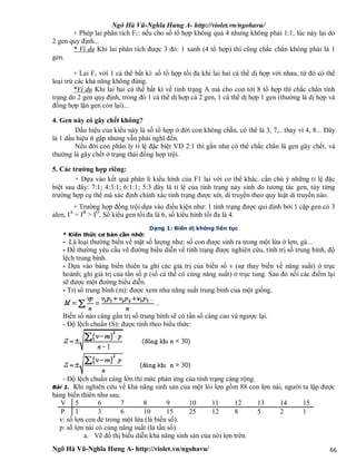 Ngô Hà Vũ-Nghĩa Hưng A- http://violet.vn/ngohavu/
Ngô Hà Vũ-Nghĩa Hưng A- http://violet.vn/ngohavu/ 66
+ Phép lai phân tích F1: nếu cho số tổ hợp không quá 4 nhưng không phải 1:1, lúc này lại do
2 gen quy định...
* Ví dụ Khi lai phân tích được 3 đỏ: 1 xanh (4 tổ hợp) thì cũng chắc chắn không phải là 1
gen.
+ Lai F1 với 1 cá thể bất kì: số tổ hợp tối đa khi lai hai cá thể dị hợp với nhau, từ đó có thể
loại trừ các khả năng không đúng.
*Ví dụ Khi lai hai cá thể bất kì về tính trạng A mà cho con tới 8 tổ hợp thì chắc chắn tính
trạng do 2 gen quy định, trong đó 1 cá thể dị hợp cả 2 gen, 1 cá thể dị hợp 1 gen (thường là dị hợp và
đồng hợp lặn gen còn lại)...
4. Gen này có gây chết không?
Dấu hiệu của kiểu này là số tổ hợp ở đời con không chẵn, có thể là 3, 7,.. thay vì 4, 8... Đây
là 1 dấu hiệu ít gặp nhưng vẫn phải nghĩ đến.
Nếu đời con phân ly tỉ lệ đặc biệt VD 2:1 thì gần như có thể chắc chắn là gen gây chết, và
thường là gây chết ở trạng thái đồng hợp trội.
5. Các trường hợp riêng:
+ Dựa vào kết quả phân li kiểu hình của F1 lai với cơ thể khác. cần chú ý những tỉ lệ đặc
biệt sau đây: 7:1; 4:3:1; 6:1:1; 5:3 đây là tỉ lệ của tính trạng nảy sinh do tương tác gen, tùy từng
trường hợp cụ thể mà xác định chính xác tính trạng được xét, di truyền theo quy luật di truyền nào.
+ Trường hợp đồng trội dựa vào điều kiện như: 1 tính trạng được qui định bởi 1 cặp gen có 3
alen, IA
= IB
> IO
. Số kiểu gen tối đa là 6, số kiểu hình tối đa là 4.
Dạng 1: Biến dị không liên tục
* Kiến thức cơ bản cần nhớ:
- Là loại thường biến về mặt số lượng như: số con được sinh ra trong một lứa ở lợn, gà…
- Đề thường yêu cầu vẽ đường biểu diễn về tính trạng được nghiên cứu, tính trị số trung bình, độ
lệch trung bình.
- Dựa vào bảng biến thiên ta ghi các giá trị của biến số v (sự thay biến về năng suất) ở trục
hoành; ghi giá trị của tần số p (số cá thể có cùng năng suất) ở trục tung. Sau đó nối các điểm lại
sẽ được một đường biểu diễn.
- Trị số trung bình (m): được xem như năng suất trung bình của một giống.
Biến số nào càng gần trị số trung bình sẽ có tần số càng cao và ngược lại.
- Độ lệch chuẩn (S): được tính theo biểu thức:
- Độ lệch chuẩn càng lớn thì mức phản ứng của tính trạng càng rộng.
Bài 1. Khi nghiên cứu về khả năng sinh sản của một lòi lợn gồm 88 con lợn nái, người ta lập được
bảng biến thiên như sau:
V 5 6 7 8 9 10 11 12 13 14 15
P 1 3 6 10 15 25 12 8 5 2 1
v: số lợn con đẻ trong một lứa (là biến số).
p: số lợn nái có cùng năng suất (là tần số).
a. Vẽ đồ thị biểu diễn khả năng sinh sản của nòi lợn trên.
 