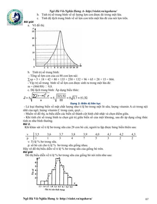 Ngô Hà Vũ-Nghĩa Hưng A- http://violet.vn/ngohavu/
Ngô Hà Vũ-Nghĩa Hưng A- http://violet.vn/ngohavu/ 67
b. Tính trị số trung bình về số lượng lợn con được đẻ trong một lứa.
c. Tính độ lệch trung bình về số lợn con trên một lứa đẻ của nòi lợn trên.
Bài giải
a. Vẽ đồ thị:
b. Tính trị số trung bình:
- Tổng số lợn con của cả 88 con lợn nái:
∑vp = 5 + 18 + 42 + 80 + 135 + 250 + 132 + 96 + 65 + 28 + 15 = 866.
- Vậy trị số trung bình về số lợn con được sinh ra trong một lứa đẻ:
m = (866/88) 9,8.
c. Độ lệch trung bình: Áp dụng biểu thức:
Dạng 2: Biến dị liên tục
- Là loại thường biến về mặt chất lượng như tỉ lệ bơ trong một lit sữa; lượng vitamin A có trong nội
nhũ của ngô; lượng vitamin C trong cam, quyt…
- Muốn vẽ đồ thị, ta biểu diễn các biến số thành cột hình chữ nhật và chọn điểm giữa.
- Khi tính chỉ số trung bình ta chọn giá trị giữa biến số của một khoảng, sau đó áp dụng công thức
tính m như bình thường.
Bài 2.
Khi khảo sát về tỉ lệ bơ trong sữa của 28 con bò cái, người ta lập được bảng biến thiên sau:
v 3,5 3,6 3,7 3,8 3,9 4,0 4,1 4,2 4,3
p 1 1 3 4 7 5 3 2 2
v: Tỉ lệ % bơ trong sữa.
p: số bò cái cho tỉ lệ % bơ trong sữa giống nhau.
Hãy vẽ đồ thị biểu diễn về tỉ lệ % bơ trong sữa của giống bò trên.
Bài giải
Đồ thị biểu diễn về tỉ lệ % bơ trong sữa của giống bò nói trên như sau:
 