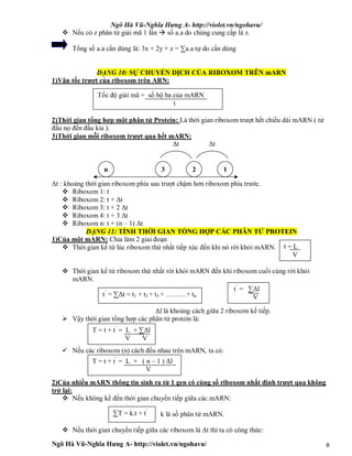 Ngô Hà Vũ-Nghĩa Hưng A- http://violet.vn/ngohavu/
Ngô Hà Vũ-Nghĩa Hưng A- http://violet.vn/ngohavu/ 8
 Nếu có z phân tử giải mã 1 lần  số a.a do chúng cung cấp là z.
Tổng số a.a cần dùng là: 3x + 2y + z = ∑a.a tự do cần dùng
DẠNG 10: SỰ CHUYỂN DỊCH CỦA RIBOXOM TRÊN mARN
1)Vận tốc trượt của riboxom trên ARN:
2)Thời gian tổng hợp một phân tử Protein: Là thời gian riboxom trượt hết chiều dài mARN ( từ
đầu nọ đến đầu kia ).
3)Thời gian mỗi riboxom trượt qua hết mARN:
Δt Δt
Δt : khoảng thời gian riboxom phía sau trượt chậm hơn riboxom phía trước.
 Riboxom 1: t
 Riboxom 2: t + Δt
 Riboxom 3: t + 2 Δt
 Riboxom 4: t + 3 Δt
 Riboxom n: t + (n – 1) Δt
DẠNG 11: TÍNH THỜI GIAN TỔNG HỢP CÁC PHÂN TỬ PROTEIN
1)Của một mARN: Chia làm 2 giai đoạn
 Thời gian kể từ lúc riboxom thứ nhất tiếp xúc đến khi nó rời khỏi mARN.
 Thời gian kể từ riboxom thứ nhất rời khỏi mARN đến khi riboxom cuối cùng rời khỏi
mARN.
Δl là khoảng cách giữa 2 riboxom kế tiếp.
 Vậy thời gian tổng hợp các phân tử protein là:
 Nếu các riboxom (n) cách đều nhau trên mARN, ta có:
2)Của nhiều mARN thông tin sinh ra từ 1 gen có cùng số riboxom nhất định trượt qua không
trở lại:
 Nếu không kể đến thời gian chuyển tiếp giữa các mARN:
k là số phân tử mARN.
 Nếu thời gian chuyển tiếp giữa các riboxom là Δt thì ta có công thức:
Tốc độ giải mã = số bộ ba của mARN
t
n 3 2 1
t = L
V
t’
= ∑Δt = t1 + t2 + t3 + ………+ tn
t’
= ∑Δl
V
T = t + t’
= L + ∑Δl
V V
T = t + t’
= L + ( n – 1 ) Δl
V
∑T = k.t + t’
 