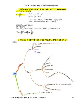 Ngô Hà Vũ-Nghĩa Hưng A- http://violet.vn/ngohavu/
Ngô Hà Vũ-Nghĩa Hưng A- http://violet.vn/ngohavu/ 80
CHƯƠNG 4: ỨNG DỤNG DI TRUYỀN VÀO CHỌN GIỐNG
A/ HỆ SỐ DI TRUYỀN
h2
=
TÍNH SỐ DÒNG THUẦN
ƯU THẾ LAI
Công thức của UTL: VCDT của đại bạch a, VCDT lợn ỷ b VCDT con lai
  n
n
2
b
a12Fn 
CHƯƠNG 5: DI TRUYỀN HỌC NGƯỜI; BÀI 27+28+29+30
1. Bệnh:
S2
A phương sai di truyềnS2
A
S2
P
S2
P biến dị kiểu hình
h cao: ít chịu ảnh hưởng của MT CL hàng loạt là tốt
h thấp: Chịu ảnh hưởng của MT CL cá thể
 